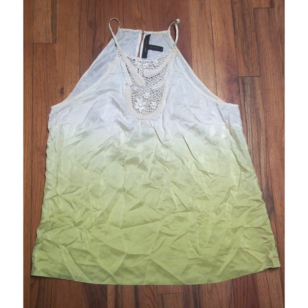BCBGMAXAZRIA 100% SILK camisole tank blouse Sz M Yellow/Cream CROCHET neck EUC